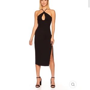 Susana Monaco Dress Medium Halter Open Front Stretch Midi Black Front Slit